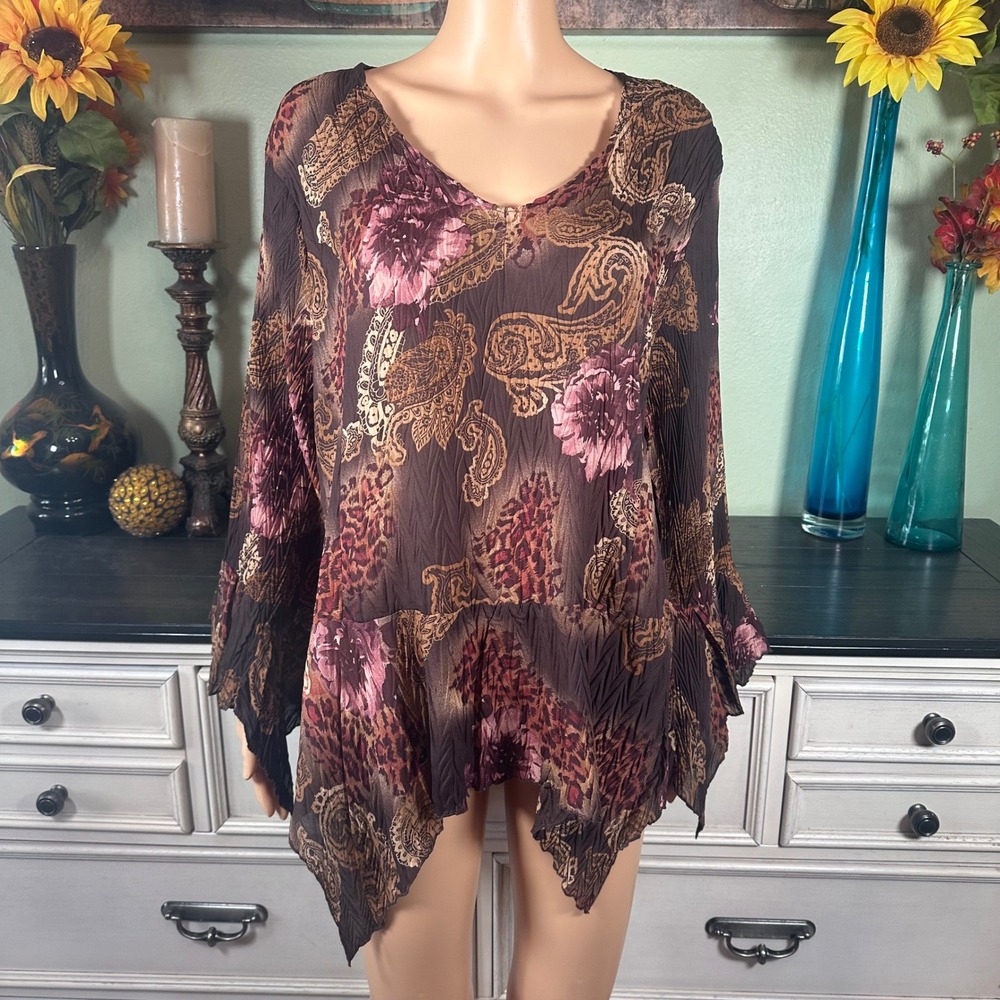 Jaipur Brown Paisley Tunic Top Boho Lagenlook Artsy Handkerchief Hem Floral